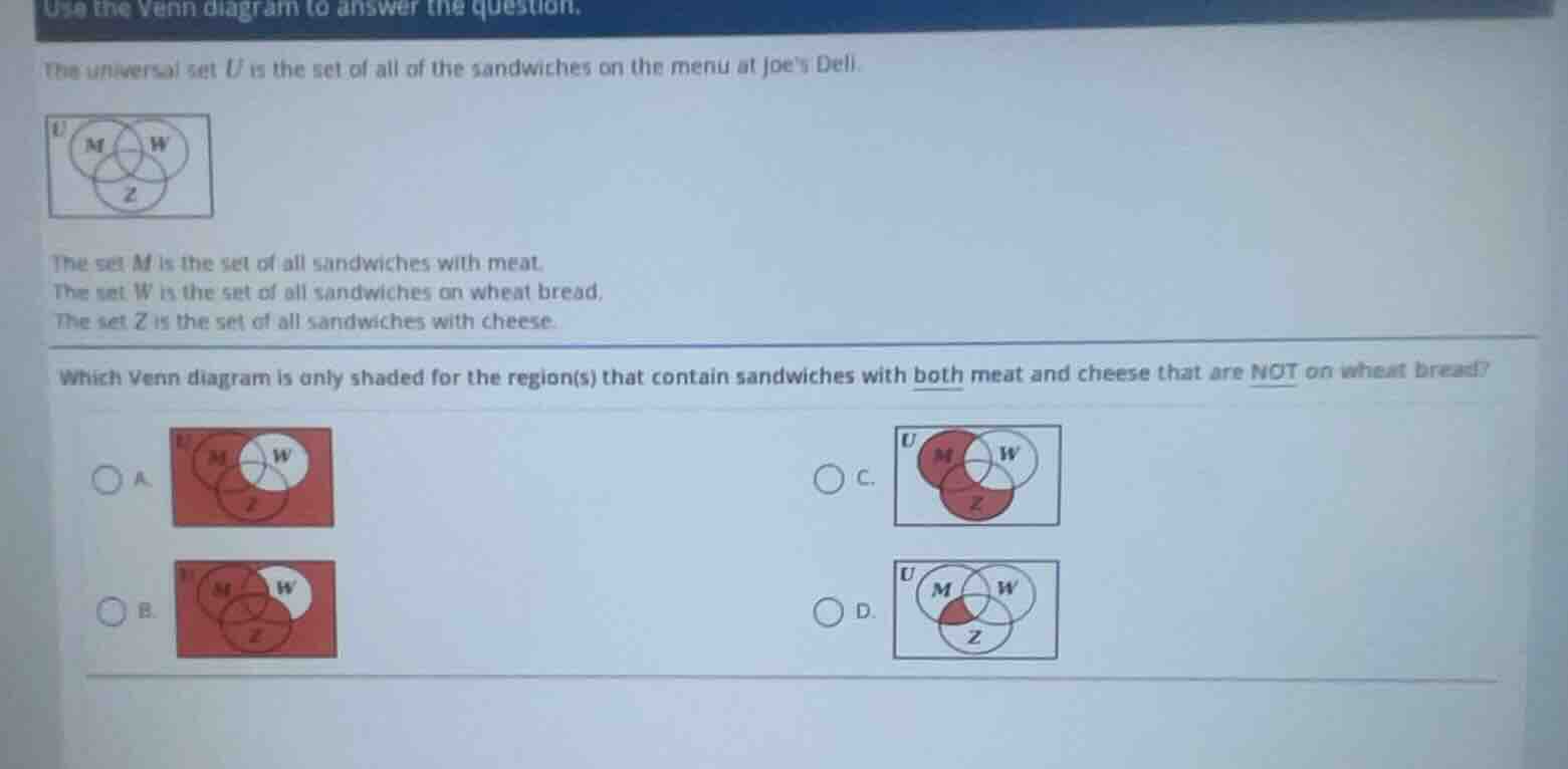 use the venn diagram to answer the question. the universal set $u$ is t…