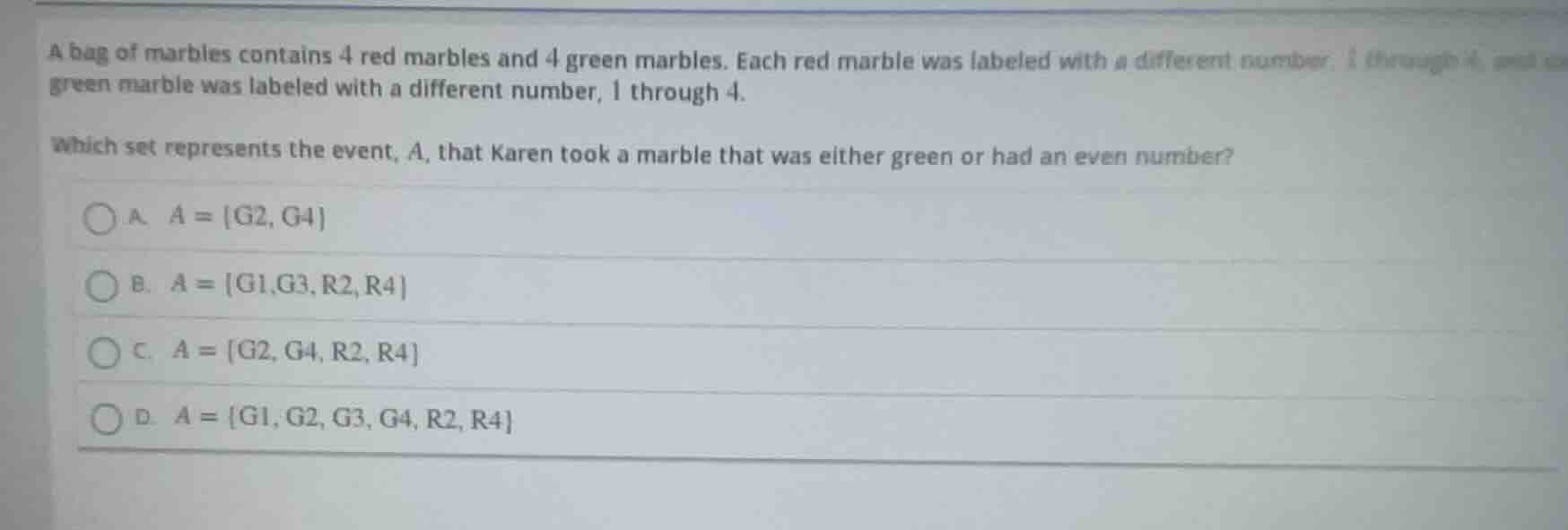 a bag of marbles contains 4 red marbles and 4 green marbles. each red m…