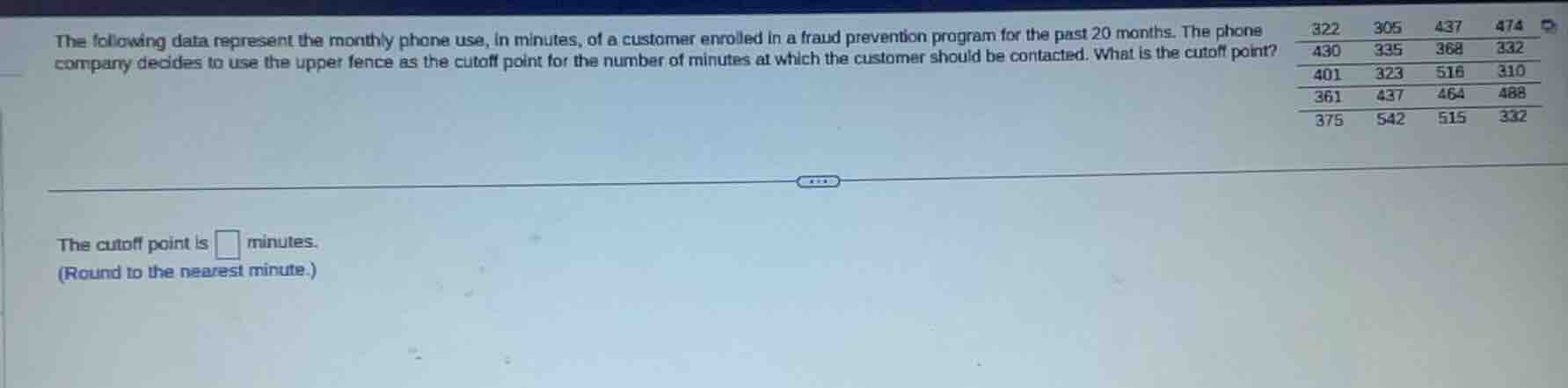 the following data represent the monthly phone use, in minutes, of a cu…
