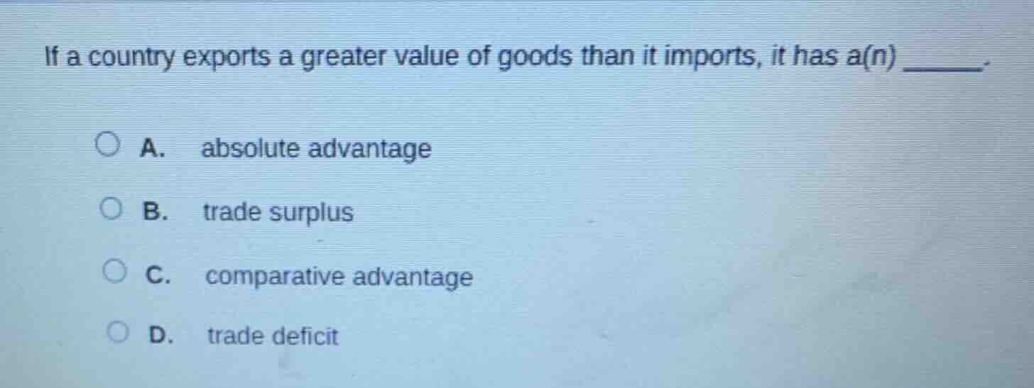 if a country exports a greater value of goods than it imports, it has a…