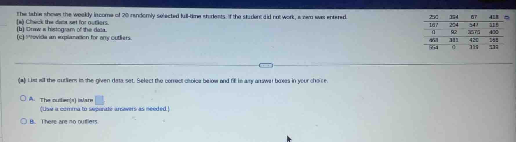 the table shows the weekly income of 20 randomly selected full-time stu…
