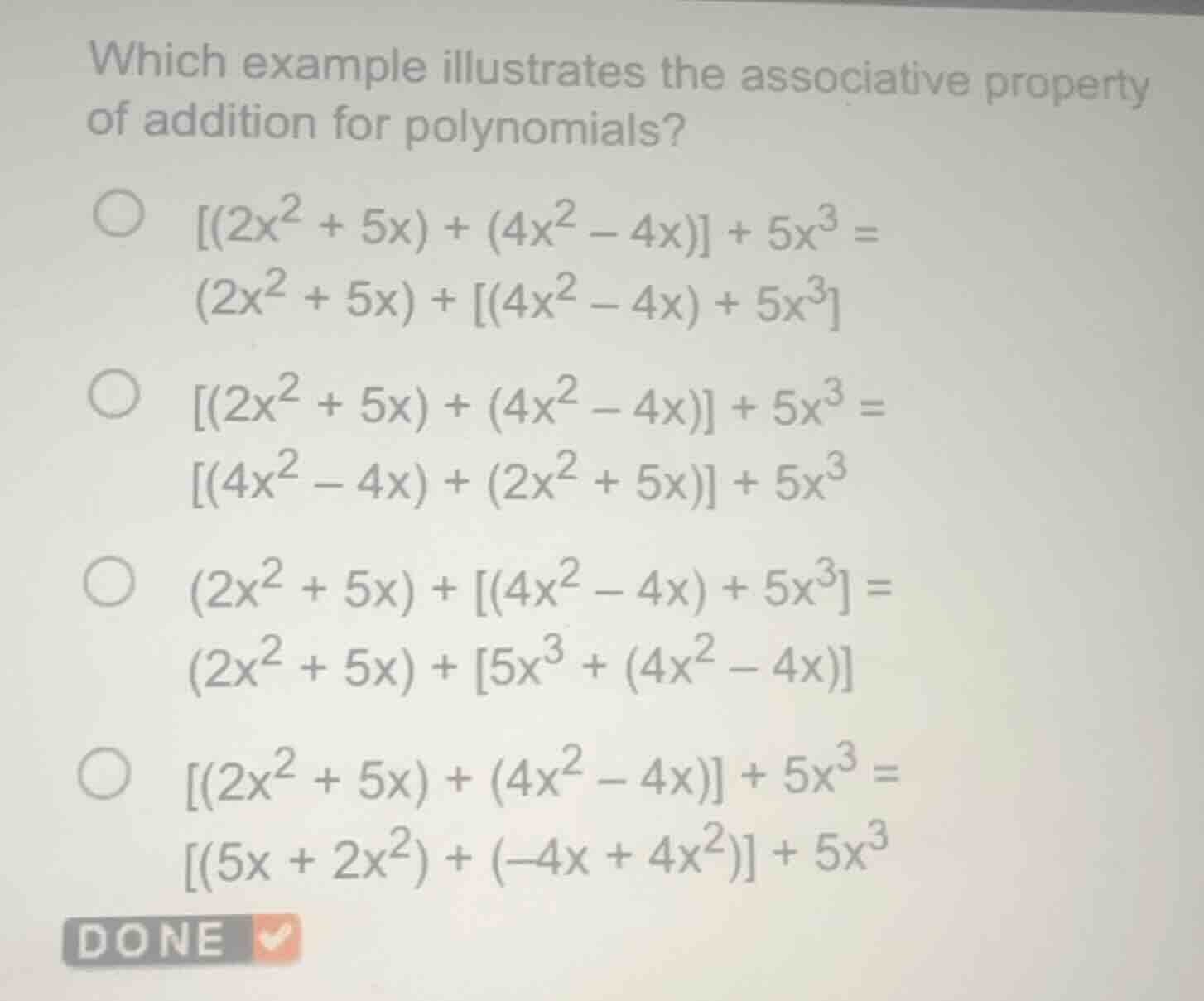 which example illustrates the associative property of addition for poly…