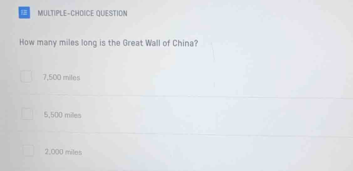 multiple-choice question how many miles long is the great wall of china…