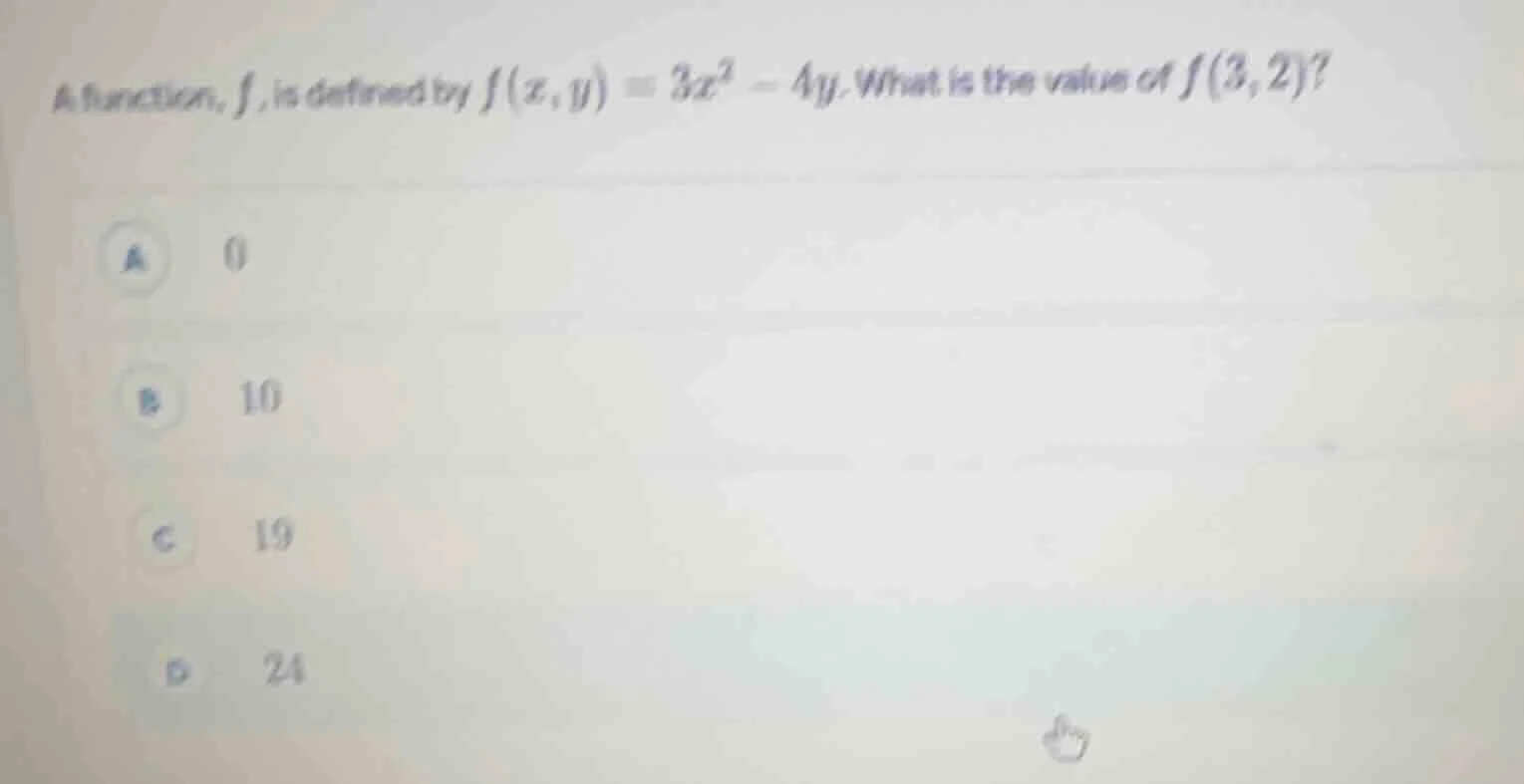 a function, $f$, is defined by $f(x,y)=3x^2 - 4y$. what is the value of…