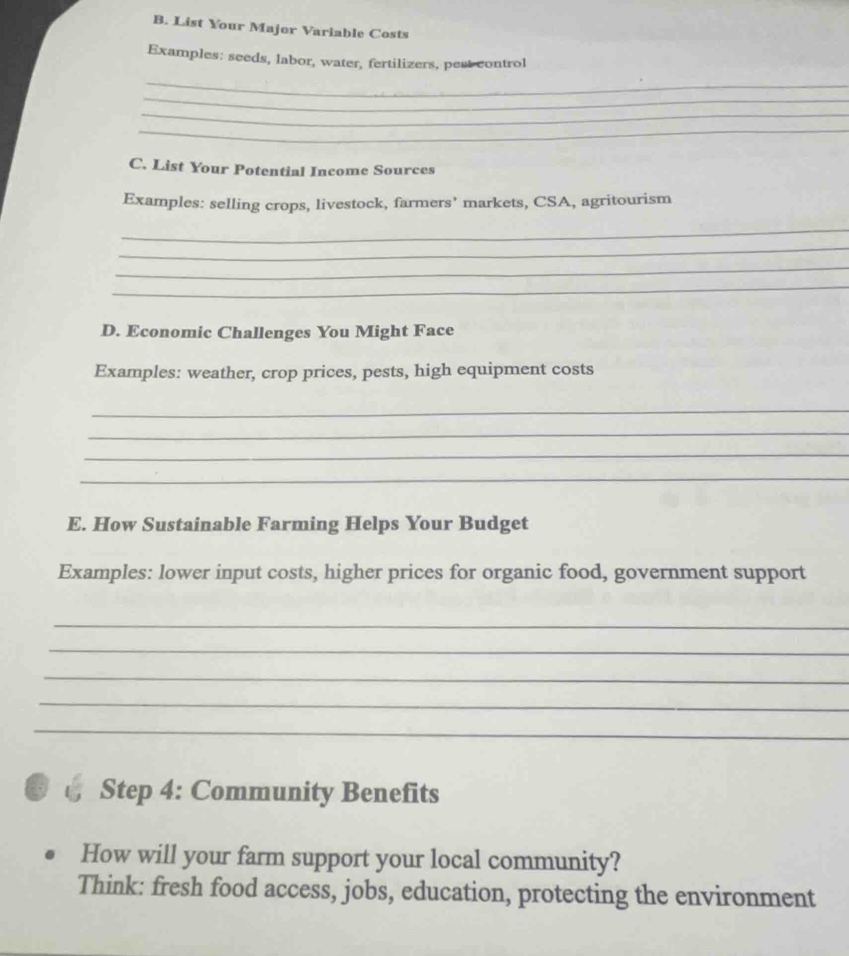 b. list your major variable costs examples: seeds, labor, water, fertil…