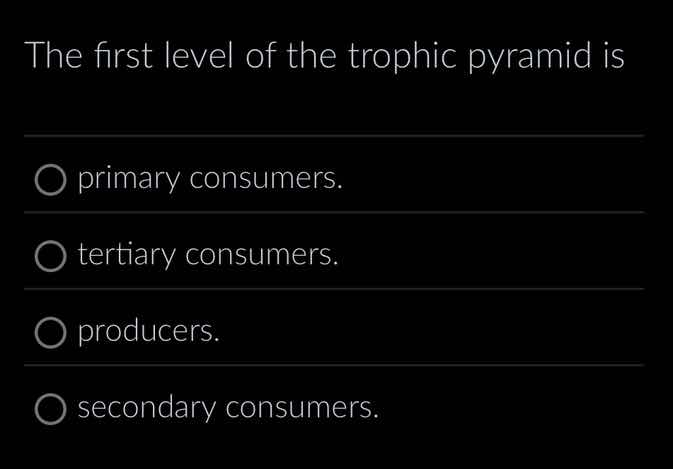 the first level of the trophic pyramid is primary consumers. tertiary c…