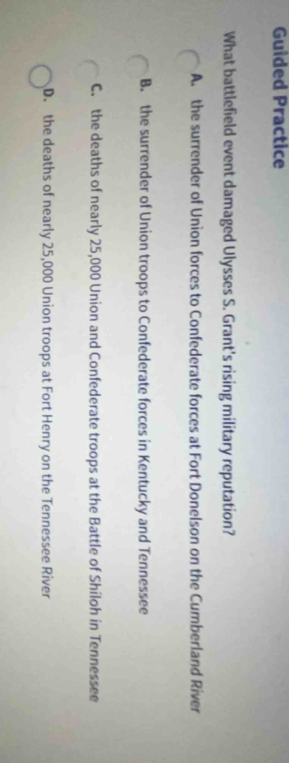 guided practice what battlefield event damaged ulysses s. grants rising…