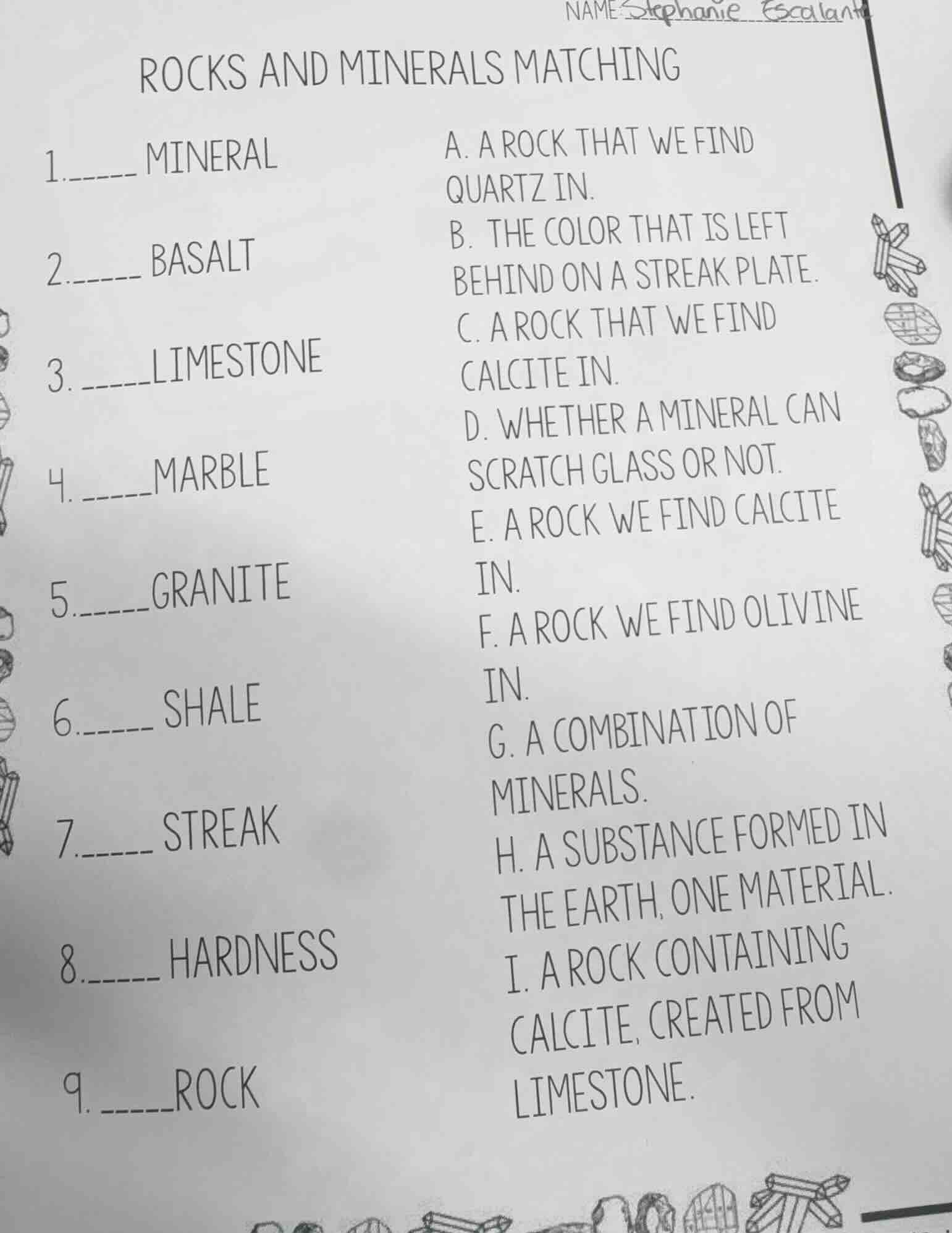 name stephanie escalante rocks and minerals matching 1.______ mineral a…