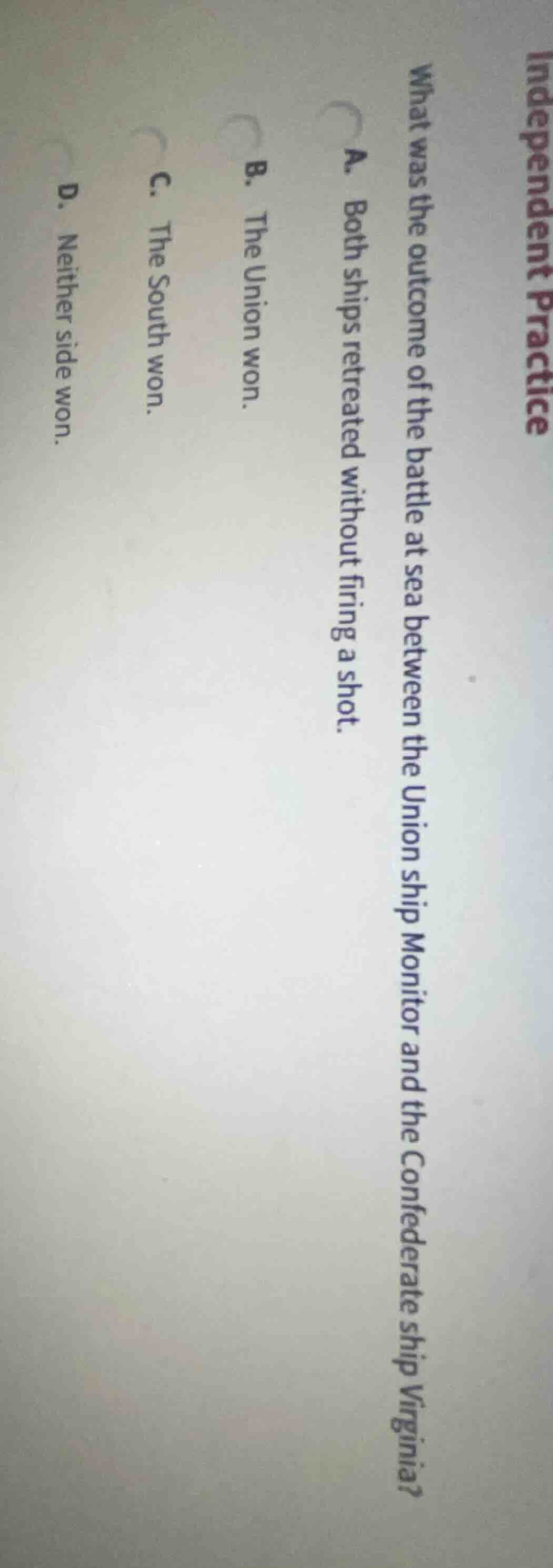 independent practice what was the outcome of the battle at sea between …