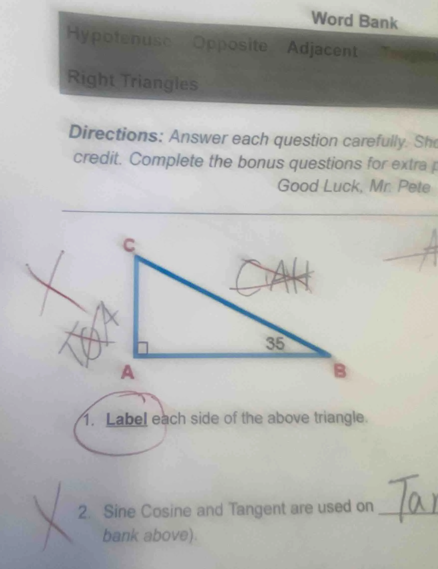 word bank hypotenuse opposite adjacent right triangles directions: answ…