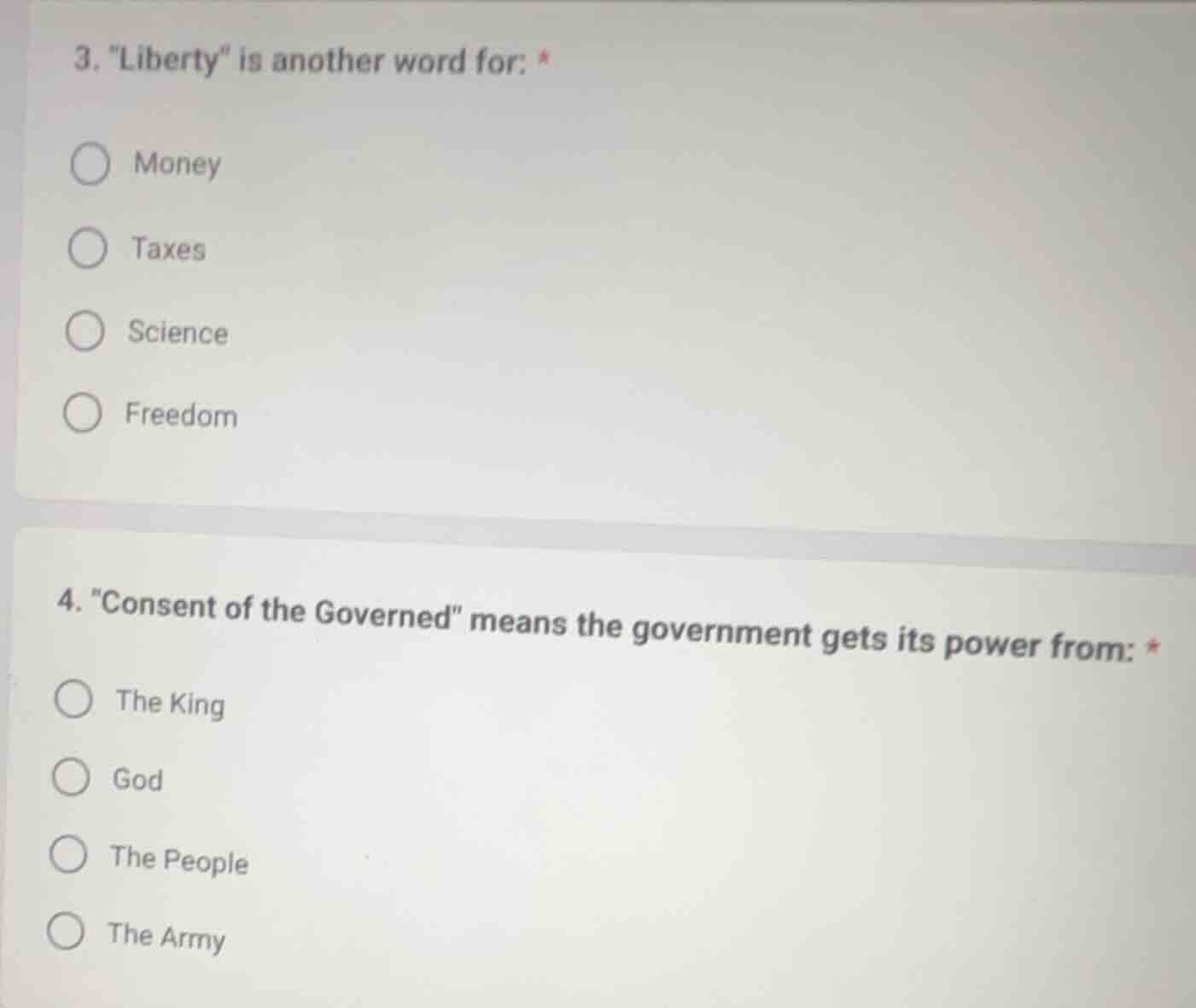3. \liberty\ is another word for: * money taxes science freedom 4. \con…