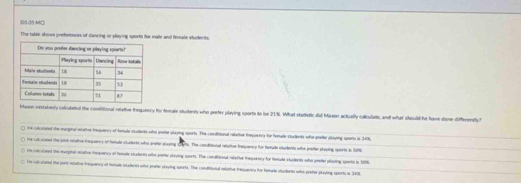 05.05 mc the table shows preferences of dancing or playing sports for m…