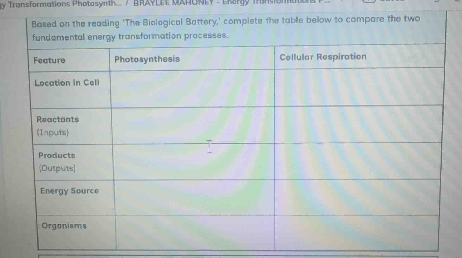 based on the reading the biological battery, complete the table below t…