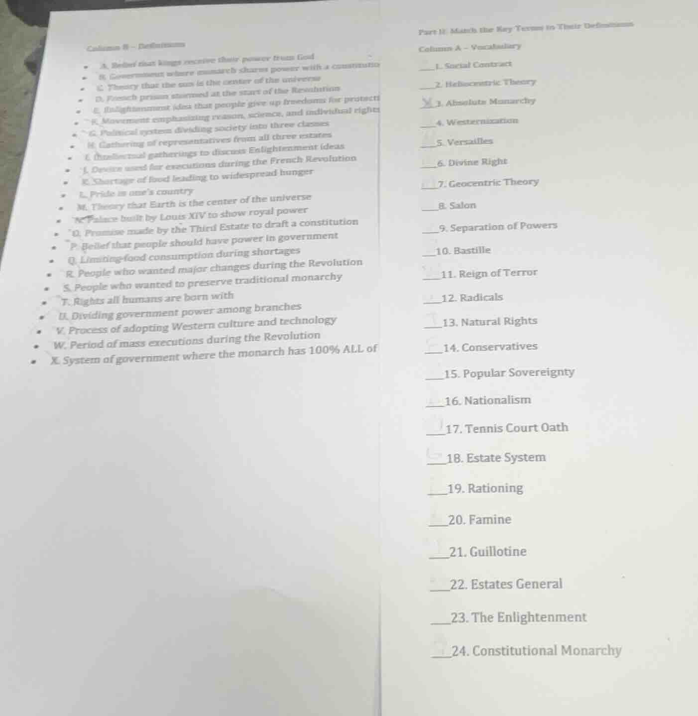 column b - definitions- a. belief that kings receive their power from g…