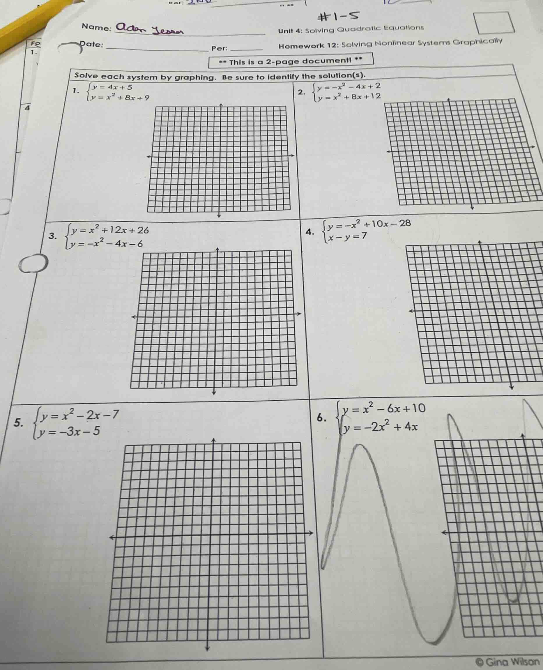 #1-5 name: unit 4: solving quadratic equations date: per: homework 12: …