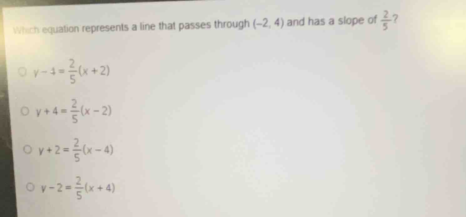 which equation represents a line that passes through $(-2, 4)$ and has …
