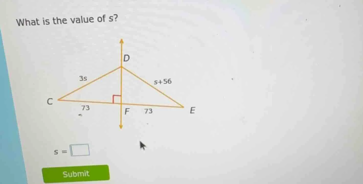 what is the value of s? 3s $s+56$ c 73 73 e $s = square$ submit