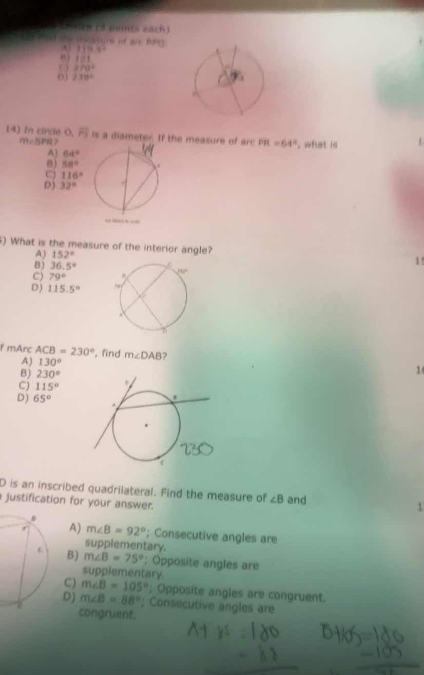 (5 points each)a) 119.5°b) 121c) 270°d) 238°14) in circle o, $overline{…