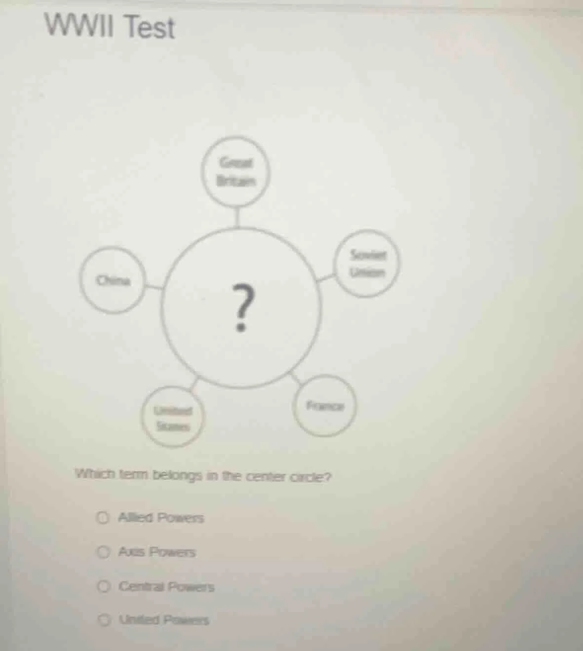 wwii test which term belongs in the center circle? allied powers axis p…