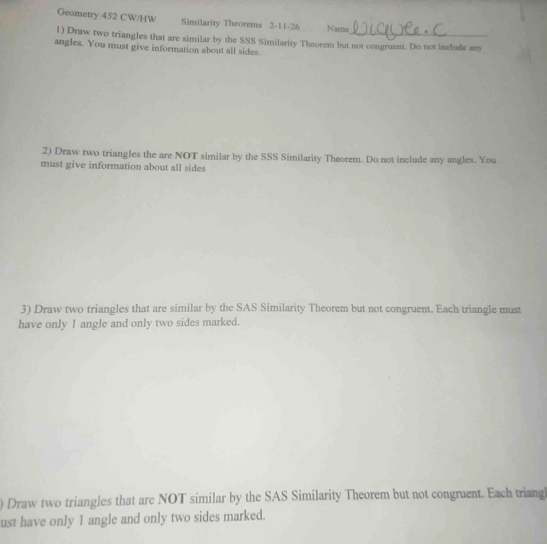geometry 452 cw/hwsimilarity theorems 2-11-26name1) draw two triangles …