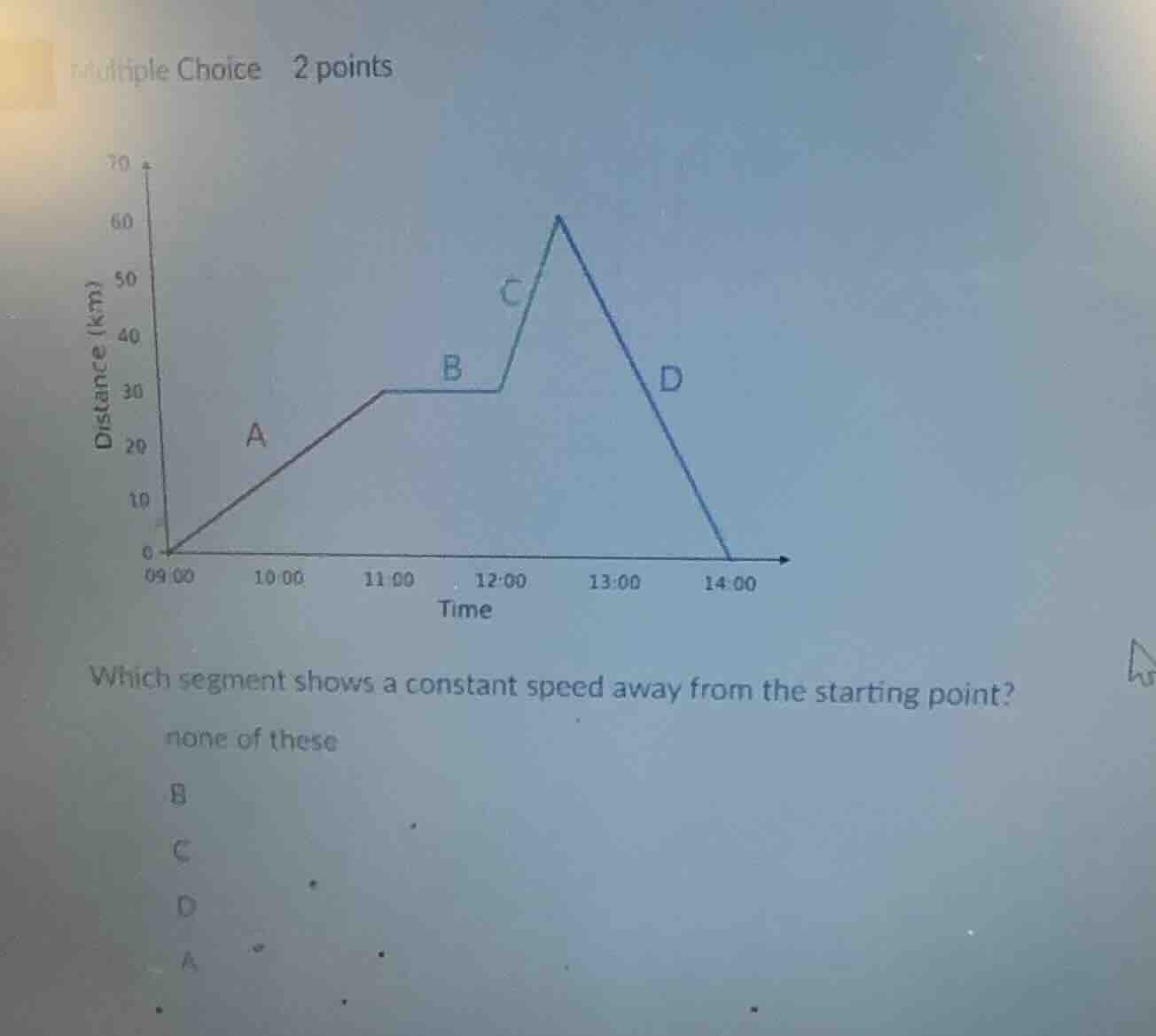 multiple choice 2 points which segment shows a constant speed away from…