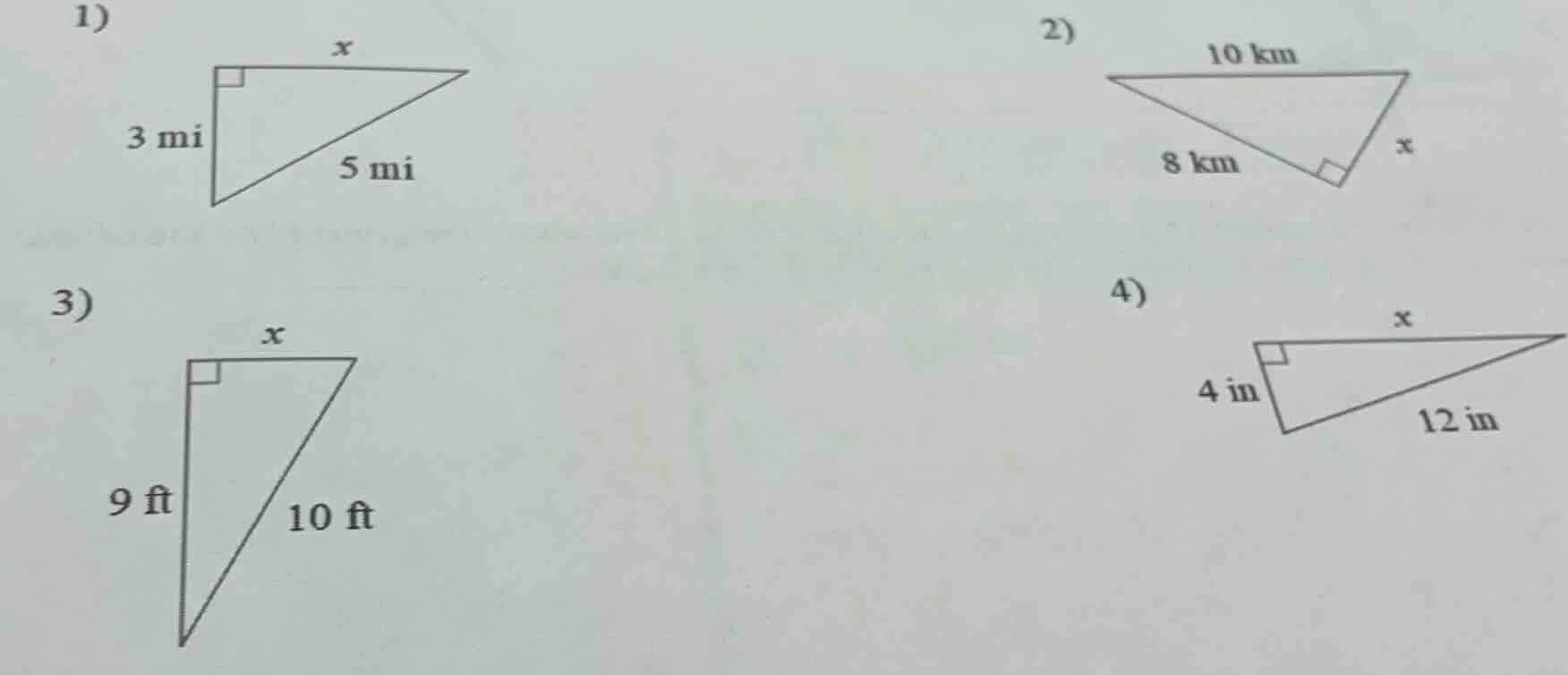 1) solve for $x$ in a right triangle with one leg $3$ mi, hypotenuse $5…