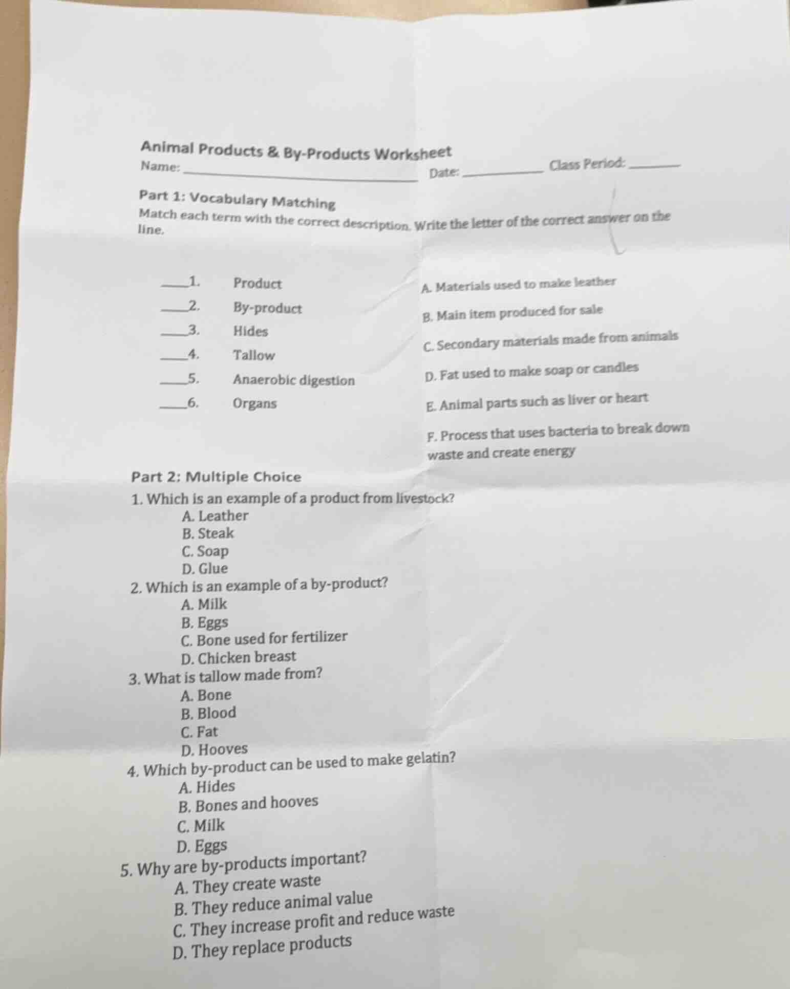 animal products & by-products worksheet name: _________________________…