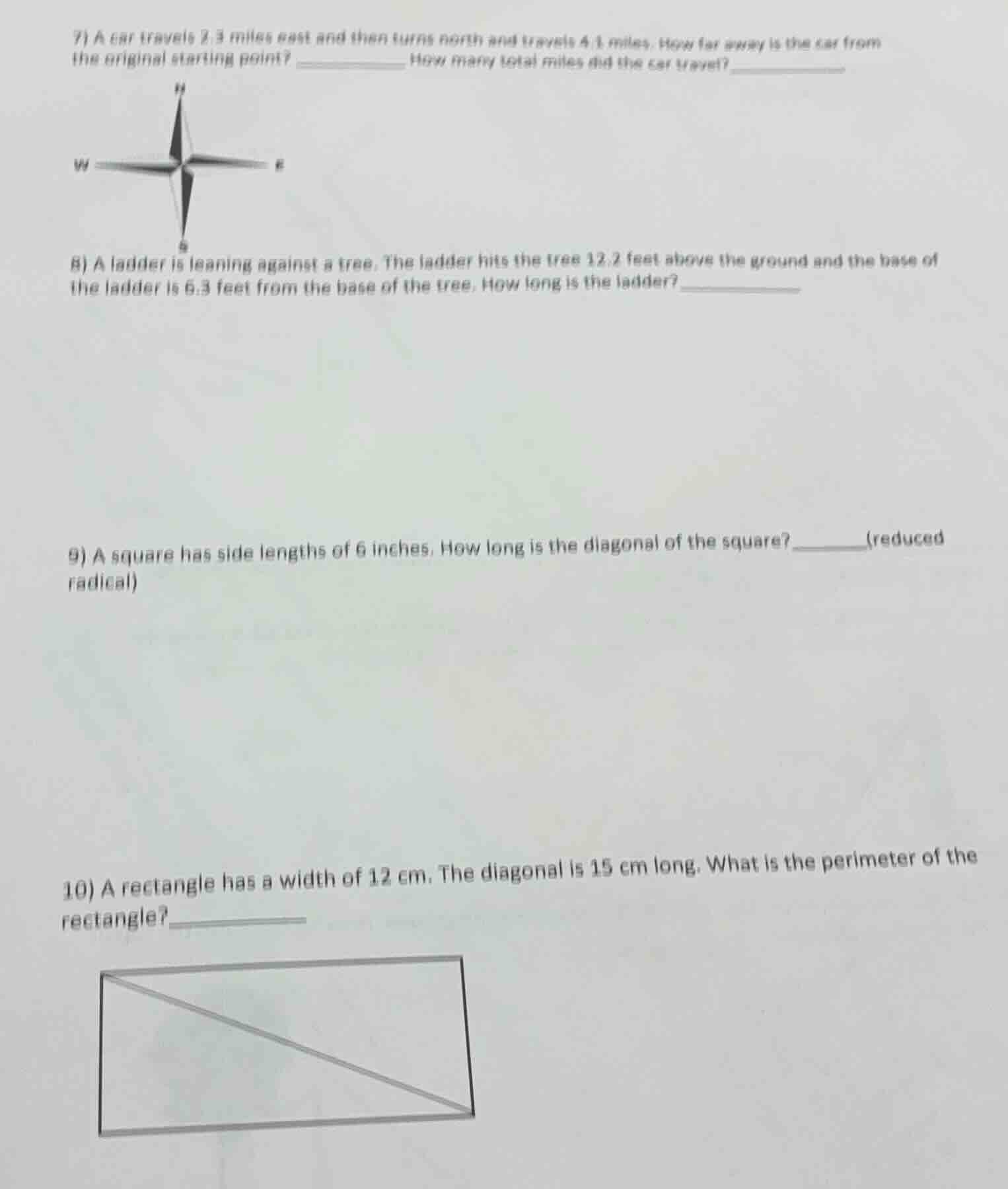 7) a car travels 2.3 miles east and then turns north and travels 4.1 mi…