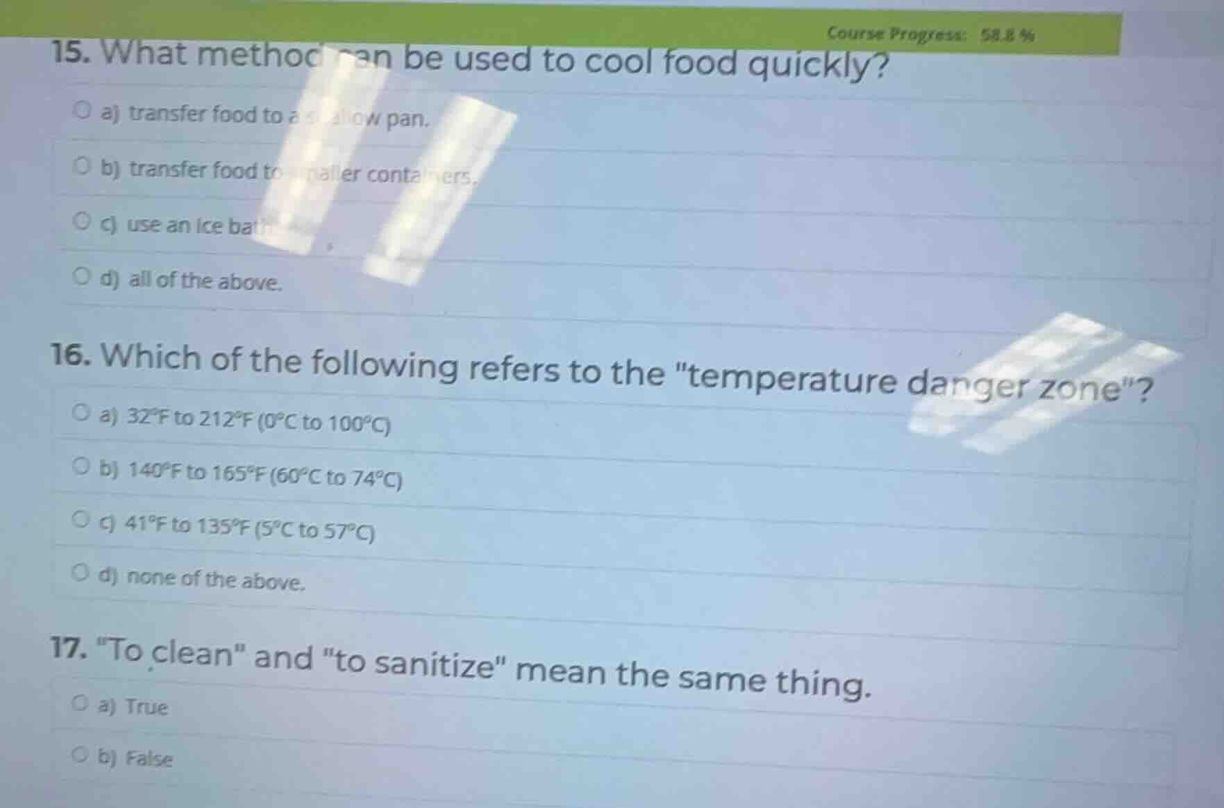 course progress: 58.8 % 15. what method can be used to cool food quickl…