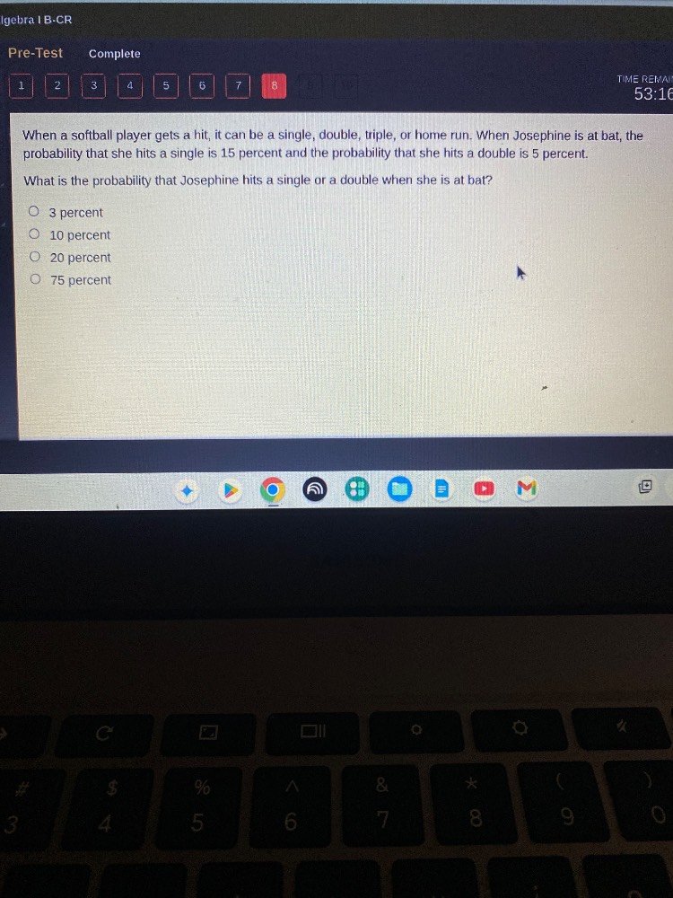 algebra i b-cr pre-test complete time remai 53:16 when a softball playe…