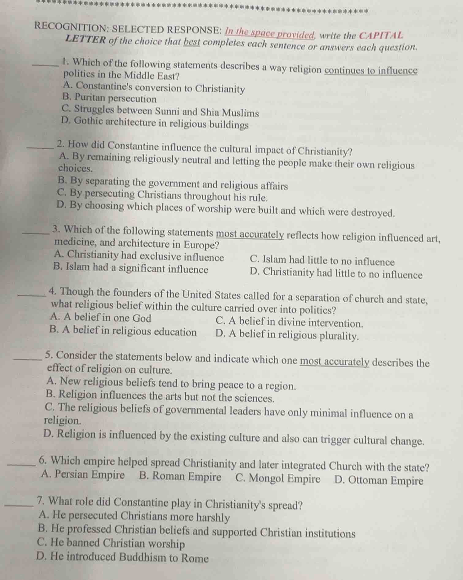 recognition: selected response: in the space provided, write the capita…