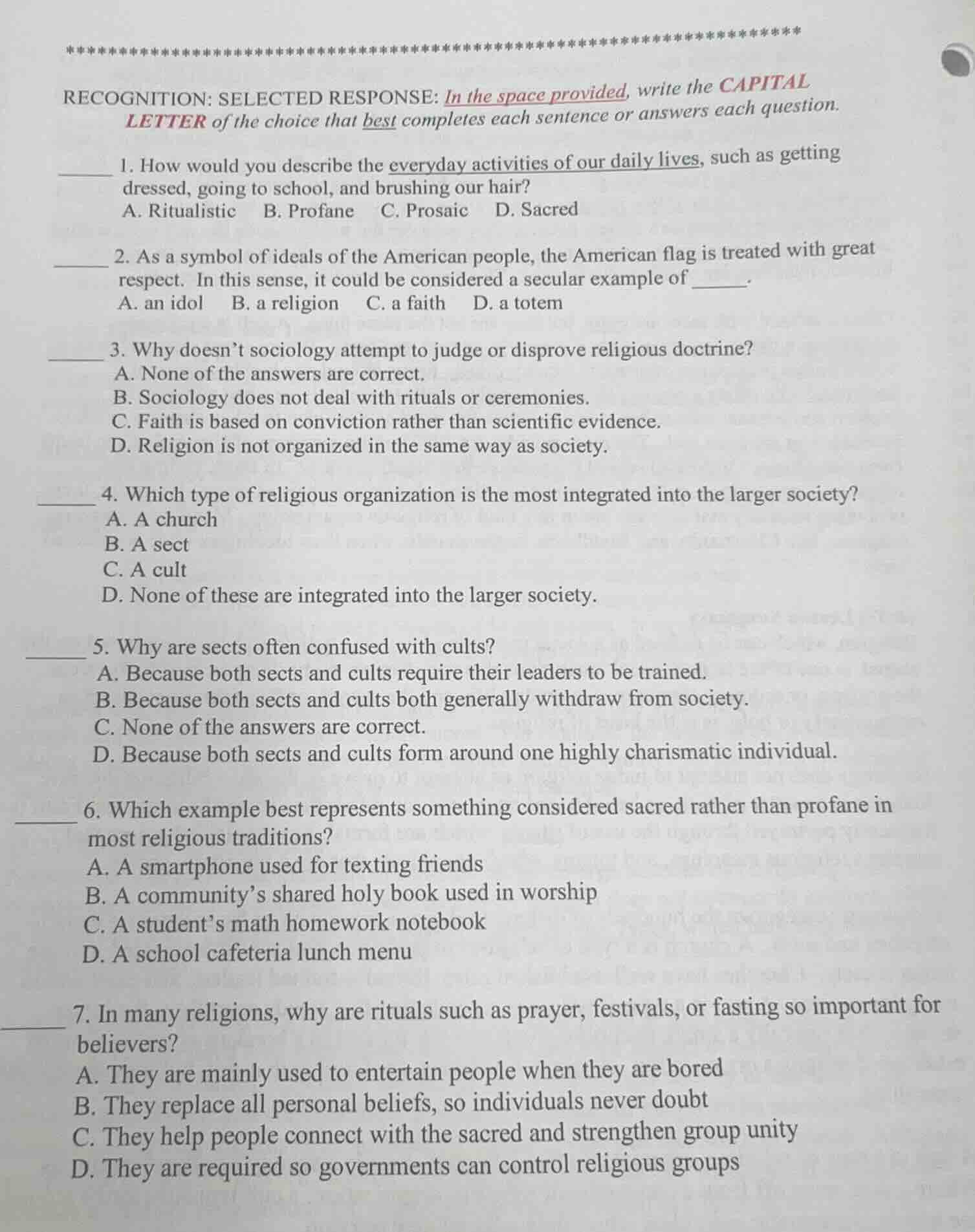 recognition: selected response: in the space provided, write the capita…