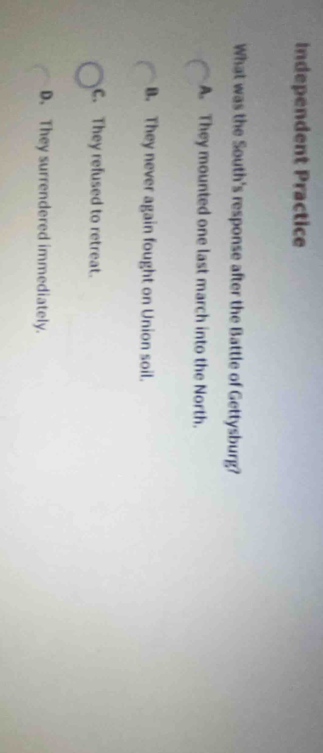 independent practice what was the souths response after the battle of g…