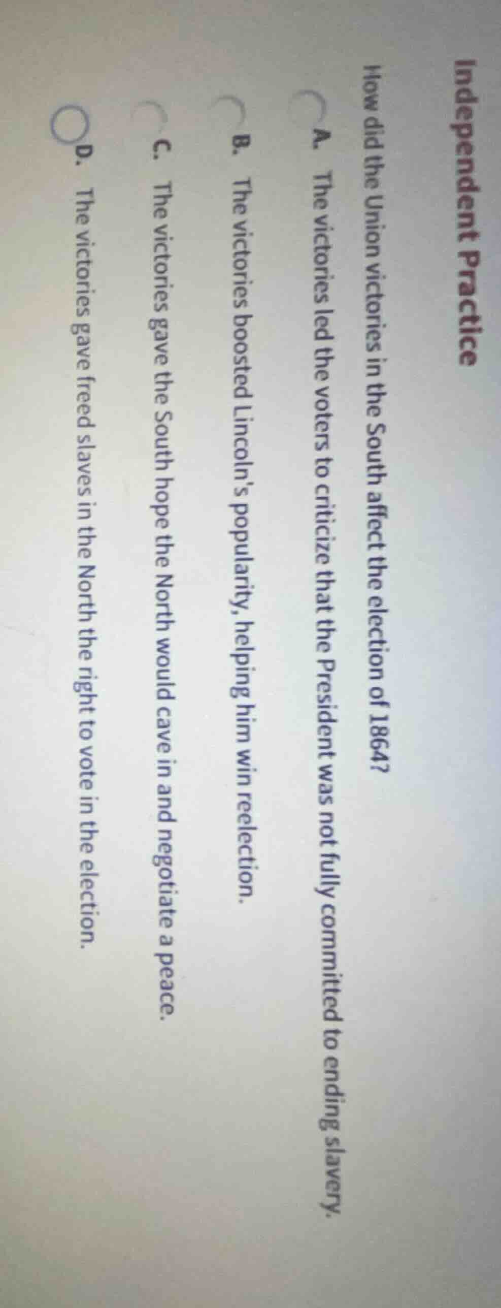 independent practice how did the union victories in the south affect th…