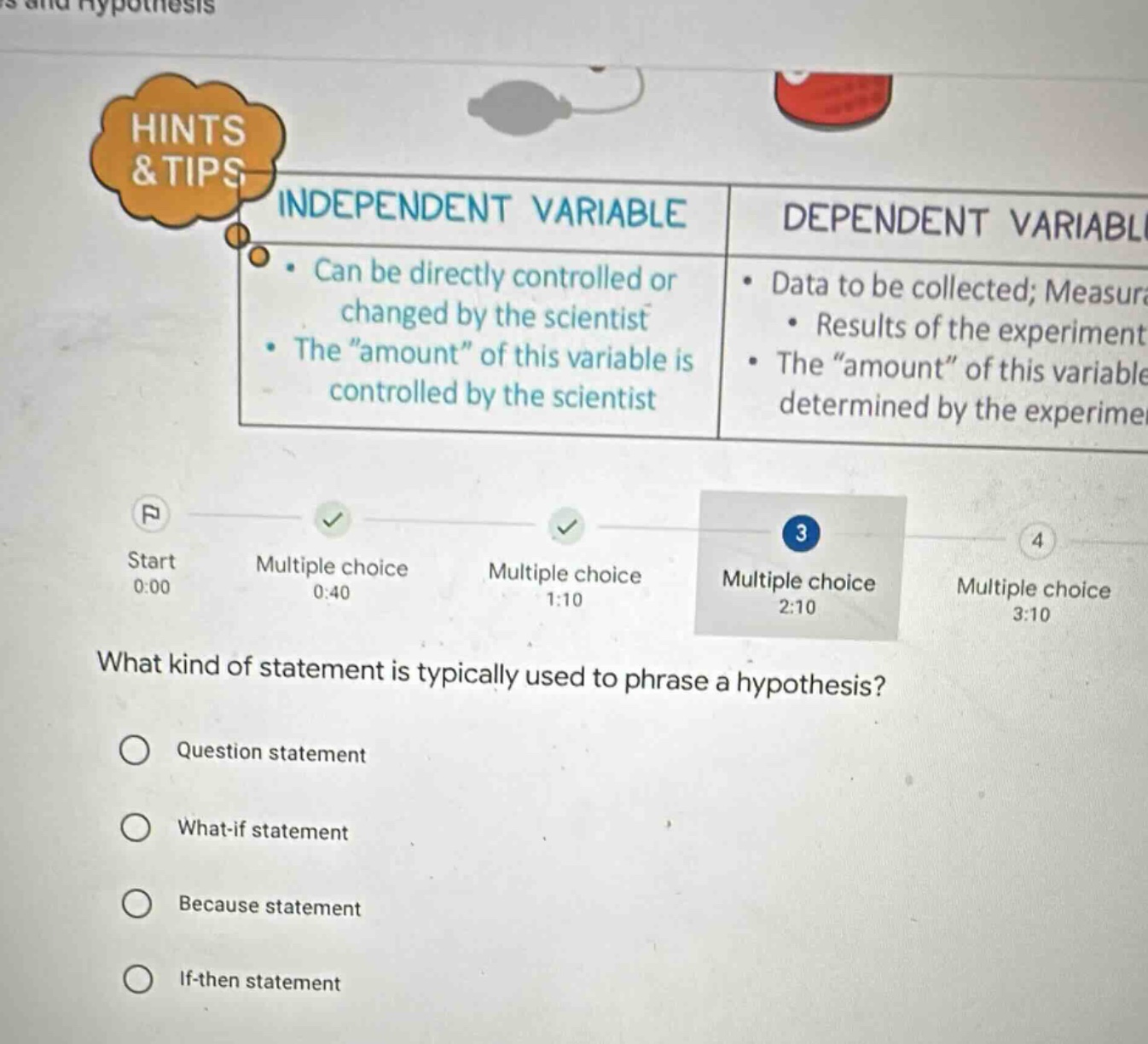 hints & tips independent variable • can be directly controlled or chang…