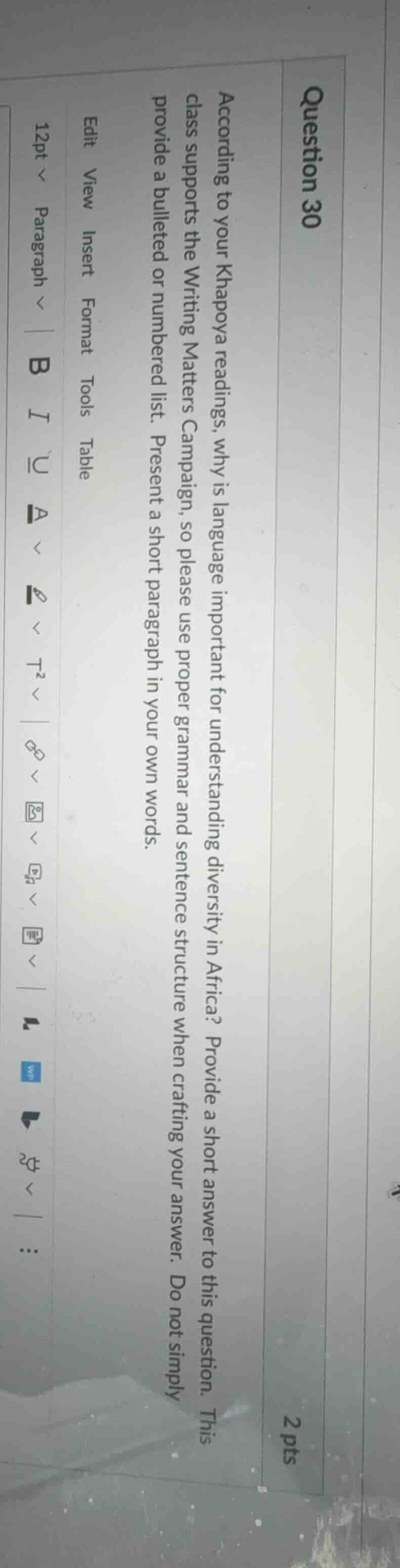 question 30 2 pts according to your khapoya readings, why is language i…