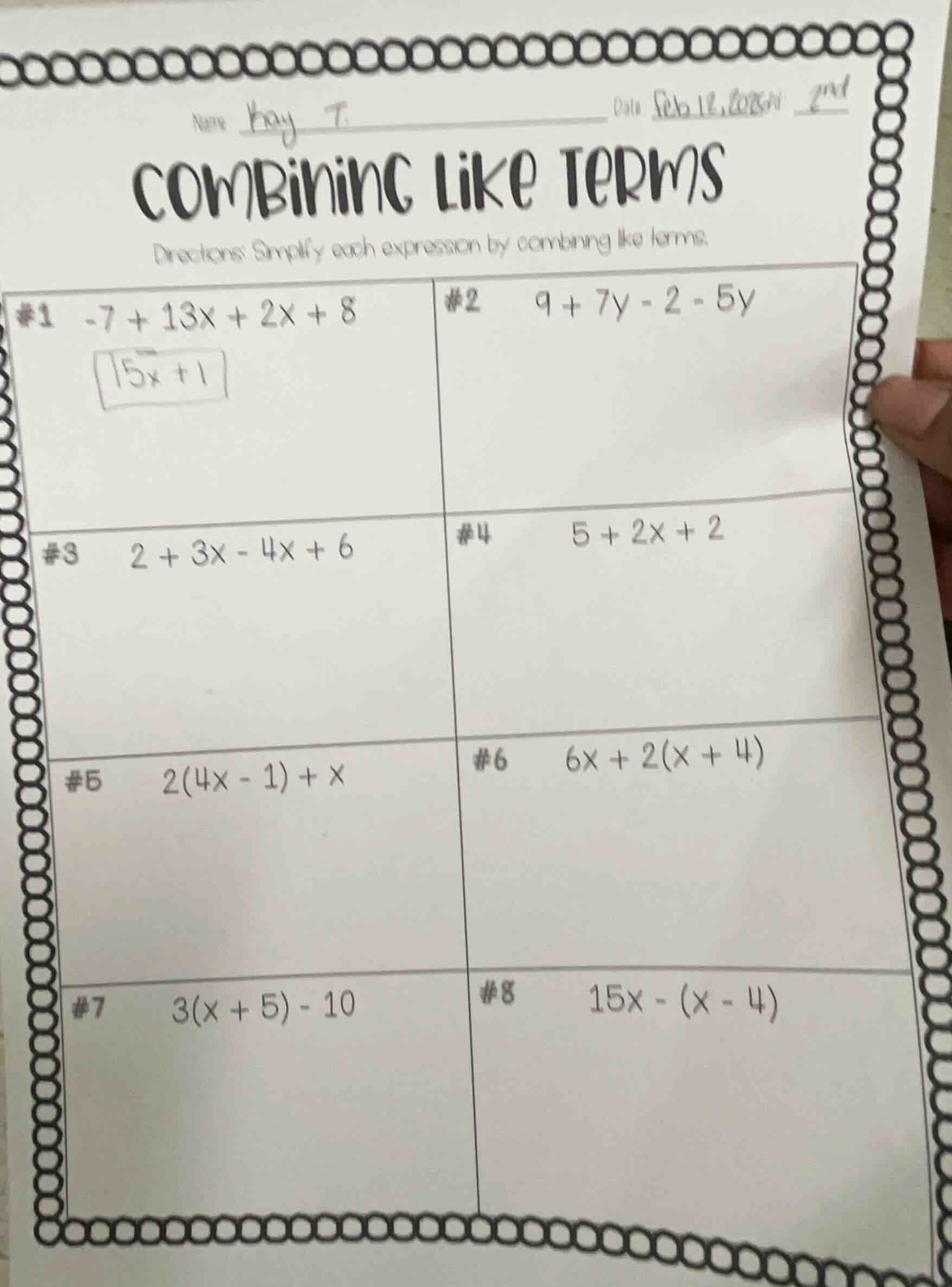 name kay t. date feb 12,2024 2nd combining like terms directions: simpl…