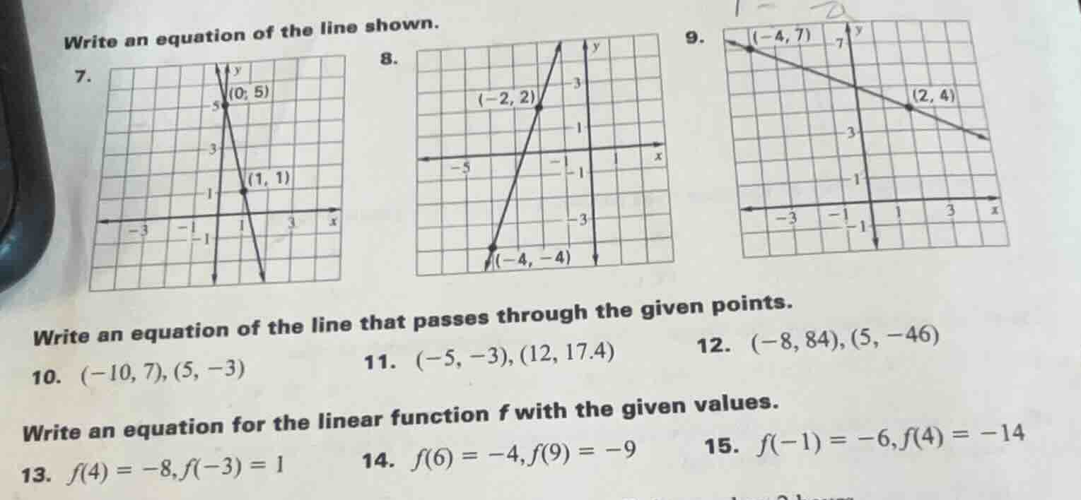 write an equation of the line shown. 7. 8. 9. write an equation of the …