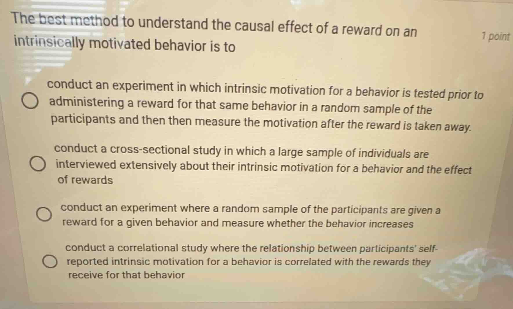 1 point the best method to understand the causal effect of a reward on …
