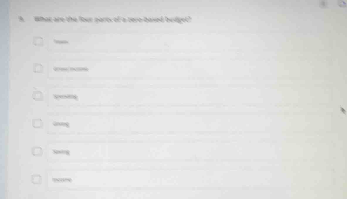 5. what are the four parts of a zero-based budget? income gross income …