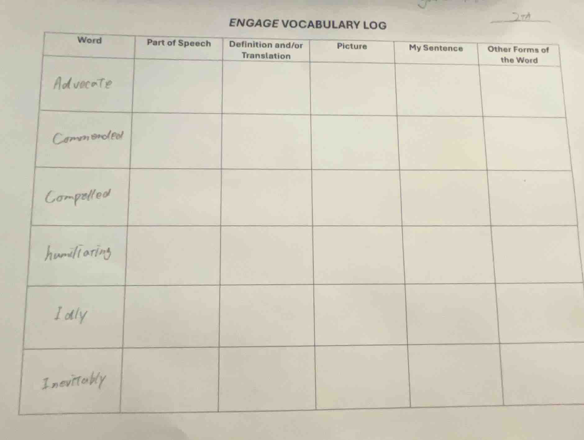 engage vocabulary log word part of speech definition and/or translation…