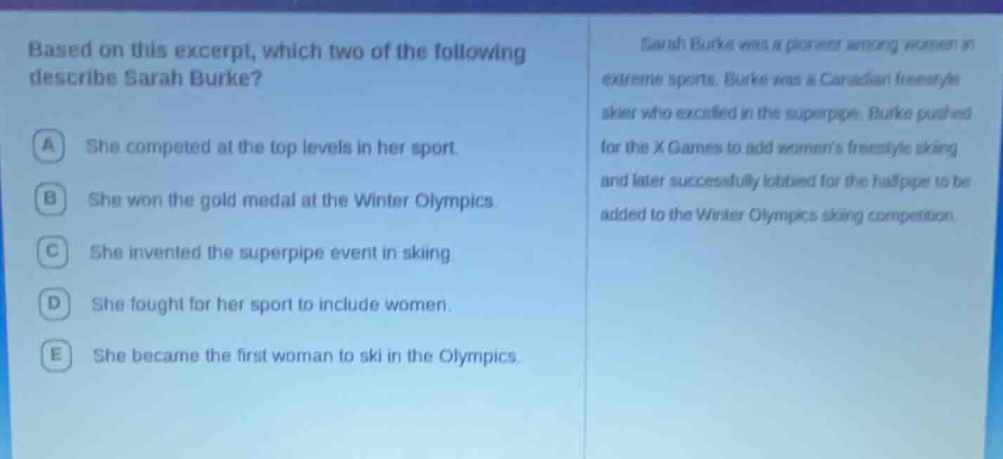 based on this excerpt, which two of the following describe sarah burke?…