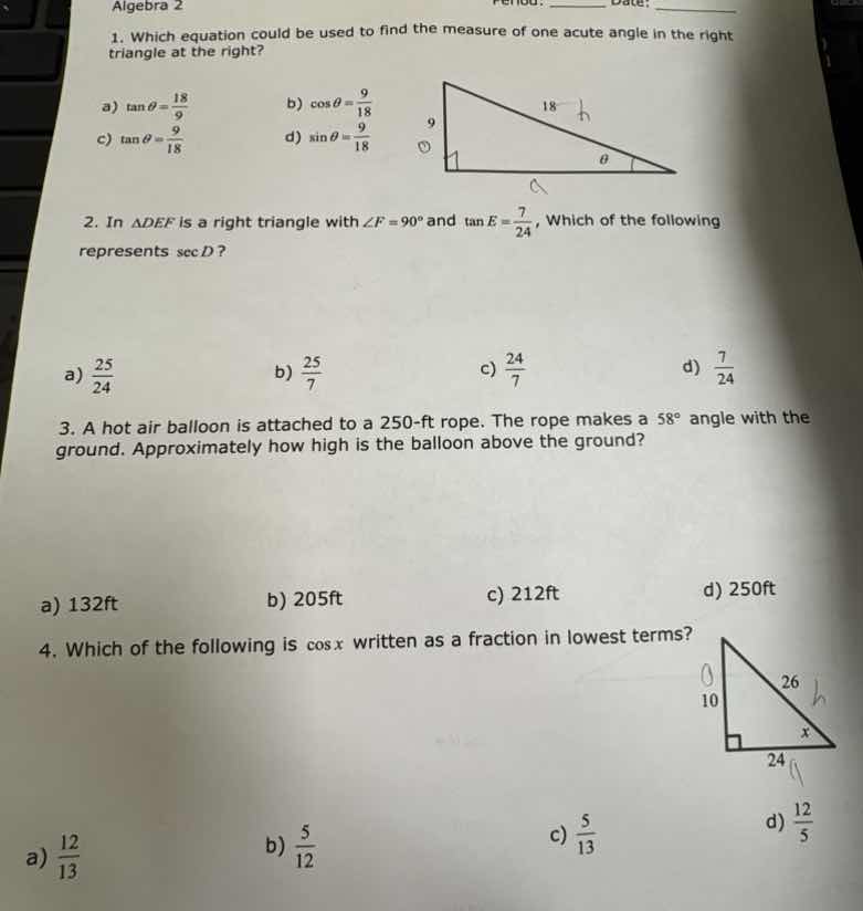 algebra 2 period: ______ date: ______ 1. which equation could be used t…