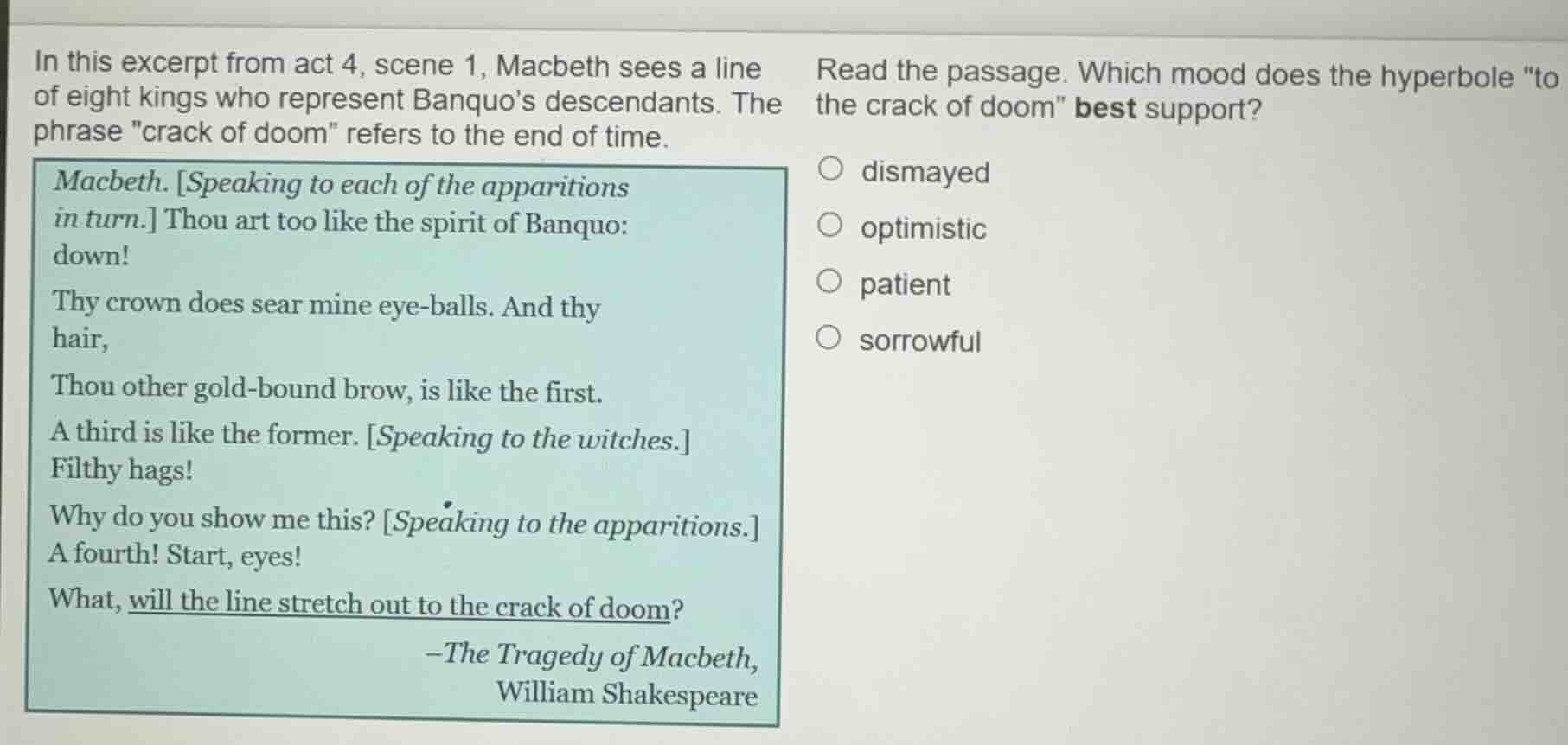 in this excerpt from act 4, scene 1, macbeth sees a line of eight kings…