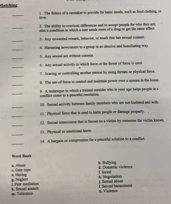 matching 1. the failure of a caretaker to provide for basic needs, such…