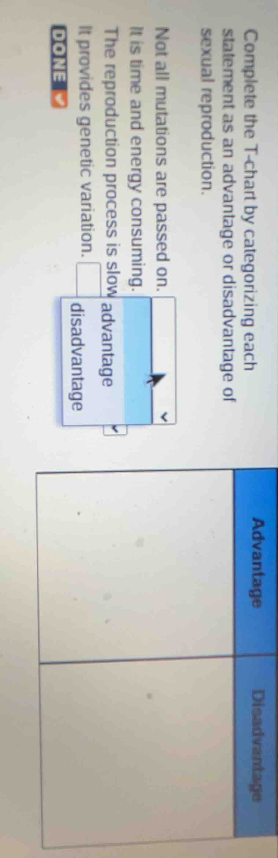 complete the t-chart by categorizing each statement as an advantage or …