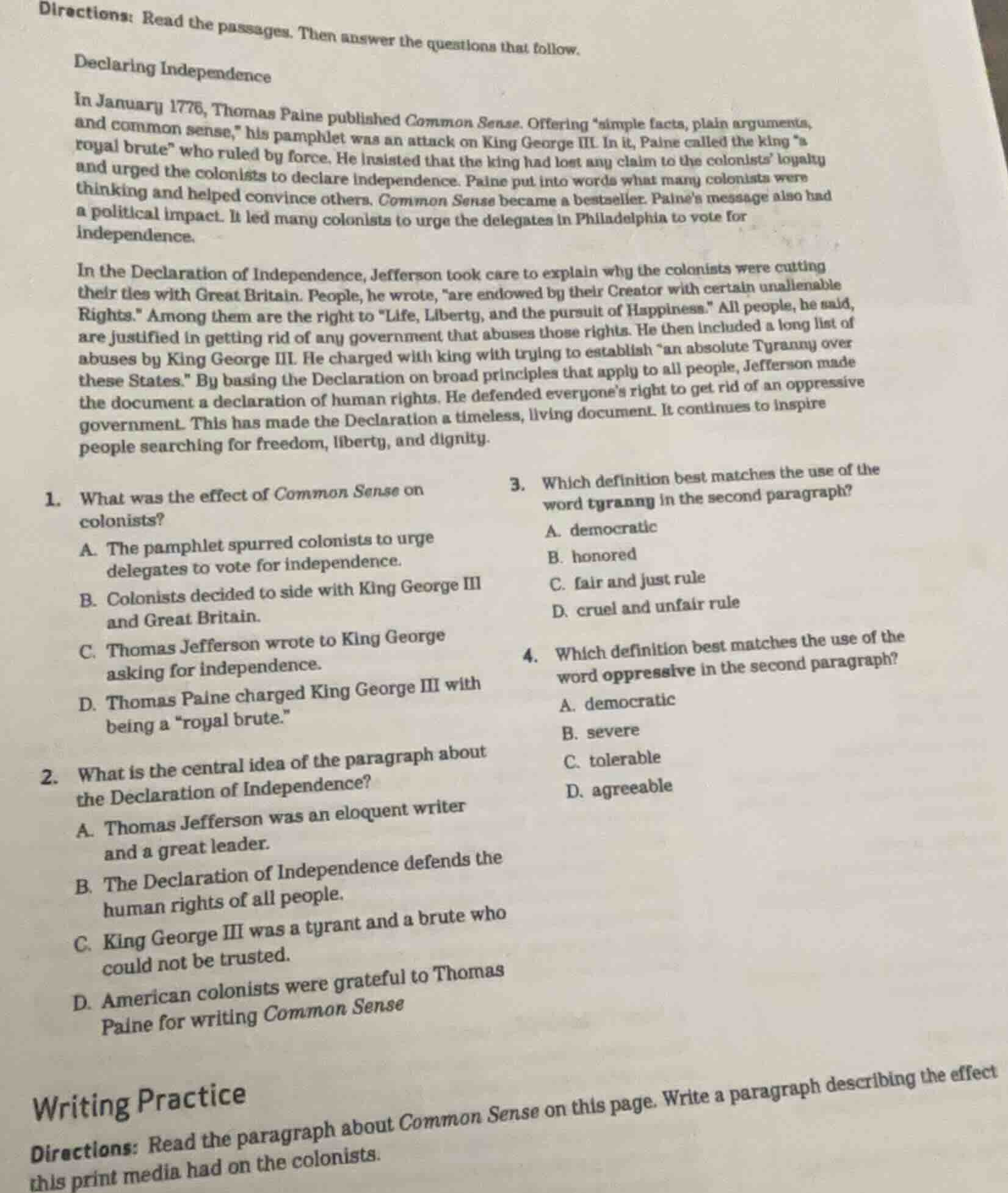 directions: read the passages. then answer the questions that follow.de…