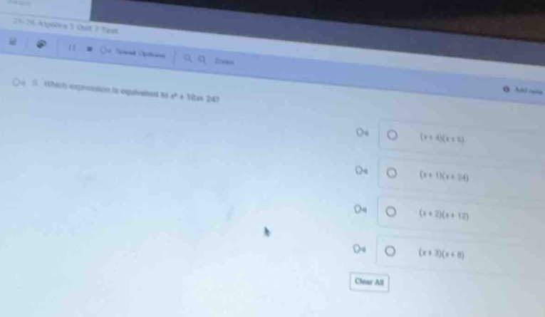 q4-3. which expression is equivalent to $x^2 + 10x + 24$? $square$ $(x …