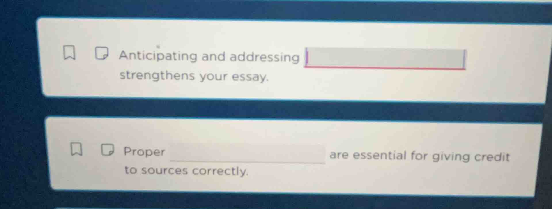 anticipating and addressing ____ strengthens your essay. proper ____ ar…
