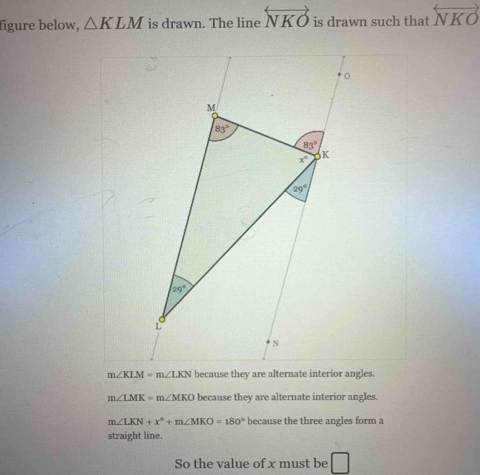 figure below, $\triangle klm$ is drawn. the line $overleftrightarrow{nk…